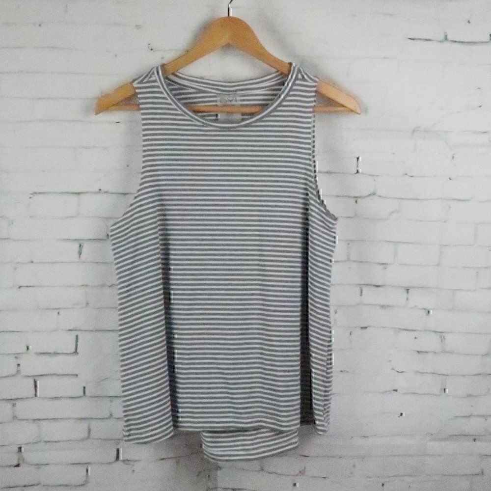 DYI GREY & WHITE STRIPE ROUND NECK SLEEVELESS TOP WITH OPEN BACK DETAIL SIZE MED